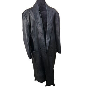 Vintage Black Leather Trench Coat Double Breasted  Oversized 80s Size Large